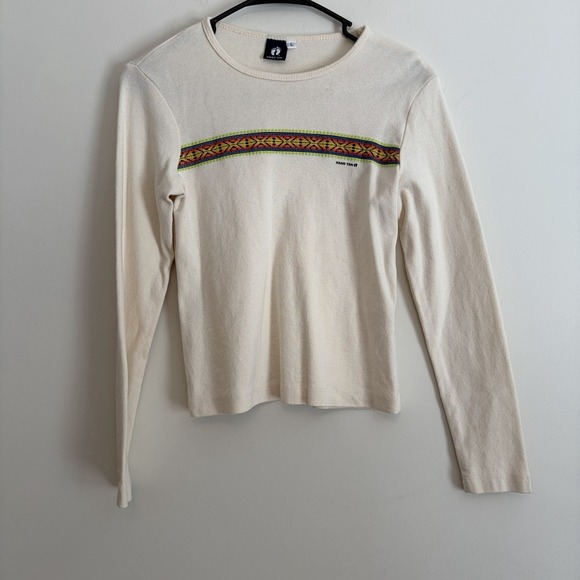 Hang Ten Tops - Vintage 90s Hang Ten Cropped Long Sleeve Shirt Surfer‎ Cream Geometric Stripe L